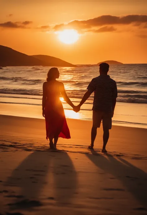 ((Couple watching sunset on quiet sands on shallow seaside beach、Snuggling、Couple holding hands and watching the sunset、Sunset seen from between the shadows of two people、Big sun setting on the horizon、The sunset turns the entire sky bright red、The area is...