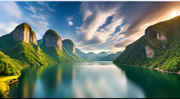 Masterpiece, ultimate quality, Cg unity 8k wallpaper, super delicate, beautiful sky and clouds, rich natural scenery, cliffs, lakes and rivers, waterfalls and flying water, beautiful green mountains, no trace of people, excellent scenery, has already won a...