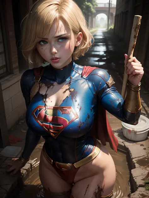 ​masterpiece、Short-haired Supergirl fell into the sewage、large full breasts、Looking at the camera、Glossy costume、Crotch、Mud stains、Covered in mud、wounded