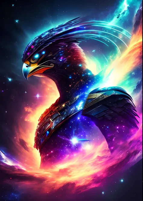 dreamlikeart, galaxy, outer space, nebula, star, [cyberpunked] Falcon from the Stars (star:1.5),