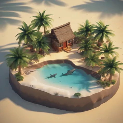 ((8k masterpiece, best quality:1.2)), absurdres Isometric_Setting, desert island, tropical beach and palm trees, 1 tiny hut, sharks, ocean in background, (S.o.s) on beach, fire