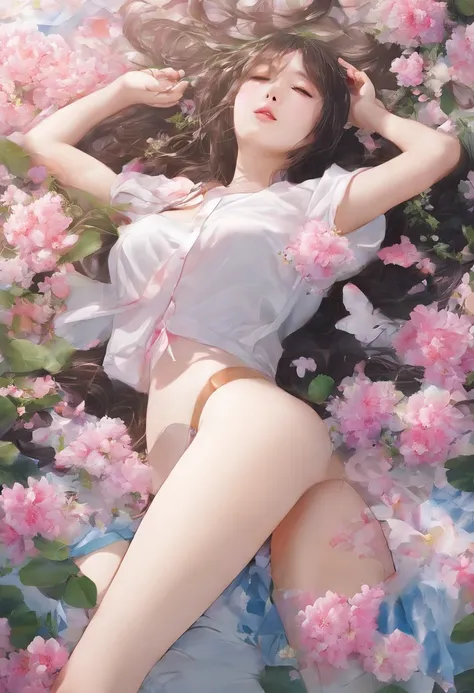 NSFW、Lying on your back on a flower garden、13years、Spread legs、Dripping love juice、,((((Open the vaginal opening with both hands、deeper look)))),(Best Quality) ,(masutepiece),(超A high resolution),(photographrealistic:1.4), (Raw photo),(8K),(1 Japan young g...