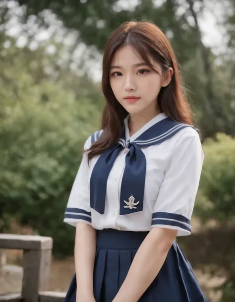 best quality, 1girl, long hair, beautiful eyes, ((japanese school shirt)), a sailor suit、Dark blue pleated skirt,sailor collar, neckerchief, short sleeves, white skirt, ((upper body)), standing, outdoors, medium shot, high quality photo.