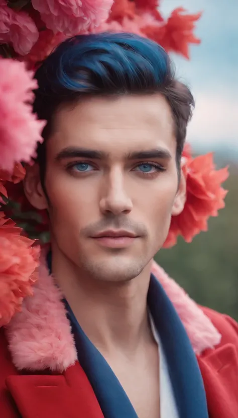 medium shot of a handsome man outside wearing a red coat made of feathers, with blue eye makeup, pink flowers in the background, in the style of album covers, glitter, soft yet vibrant