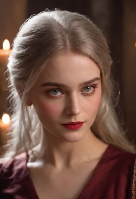 (((A deep red wound streaked across her left cheek))) Fair complexion, A woman around 19 years old, Natural gray hair, Unique green eyes, Wear Cole, Slender and graceful, Beautiful, Candlelight in a medieval setting, super sharp focus, realistic lens, Medi...