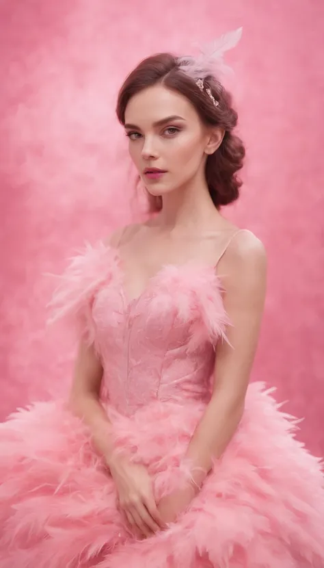 pretty girl in pink dress on pink background, in the style of made of feathers, futuristic victorian, collage-like layering, focus stacking, layered forms, textured fabrics, oversized objects.