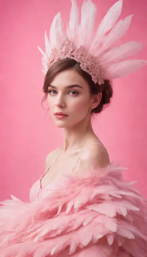 pretty girl in pink dress on pink background, in the style of made of feathers, futuristic victorian, collage-like layering, focus stacking, layered forms, textured fabrics, oversized objects.