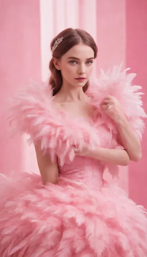 pretty girl in pink dress on pink background, in the style of made of feathers, futuristic victorian, collage-like layering, focus stacking, layered forms, textured fabrics, oversized objects.