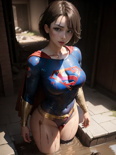 ​masterpiece、Short-haired Supergirl fell into the sewage、large full breasts、Looking at the camera、Glossy costume、Crotch、Mud stains、Covered in mud、wounded