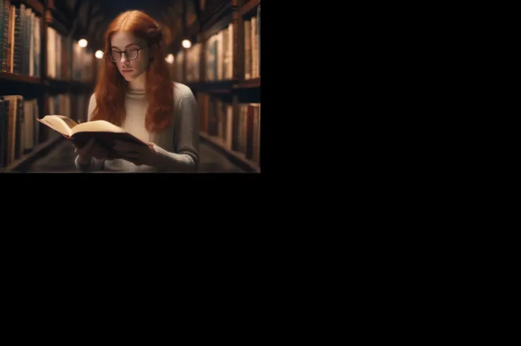 Redhead girl reading book in Hogwarts Library at night, 35mm, photorealistic, 4k