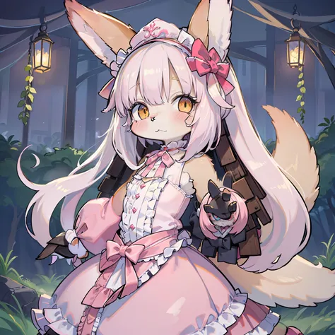 chiquita、Beastman、kawaii、lolita、Image colors of pink and white、Fox ears、Fox tail、Clothing with a lot of frills、skirt by the、Many ribbons、kawaii、lolita、chiquita、Beastman、Hair to the shoulders、Clothes with a lot of frills、Image colors of pink and white、yello...