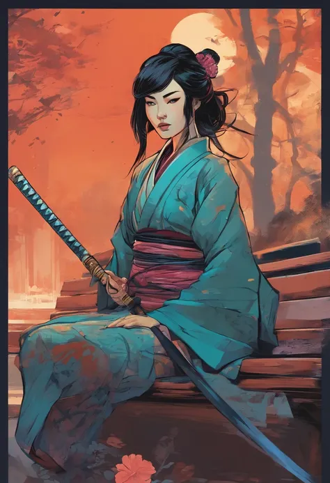 Il y a une femme assise sur un banc tenant un katana, Artwork in the style of Guweiz, Geisha , Samurai in a Post-Apocalyptic Universe