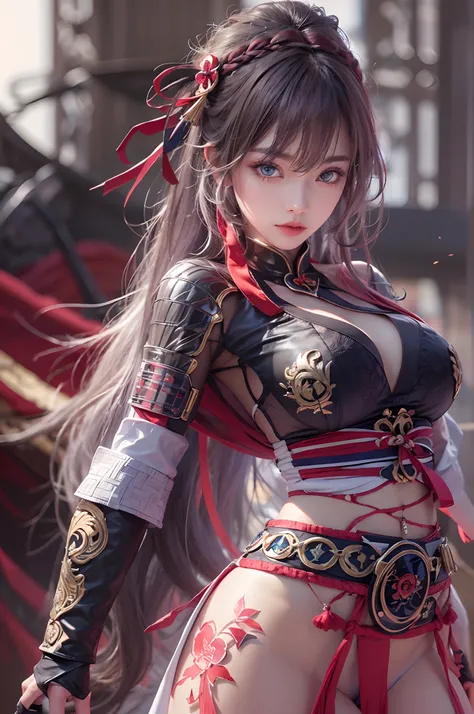 photorealistic, high resolution, 1 girl, hips up, long hair, beautiful eyes, normal breast, raiden shogun costume