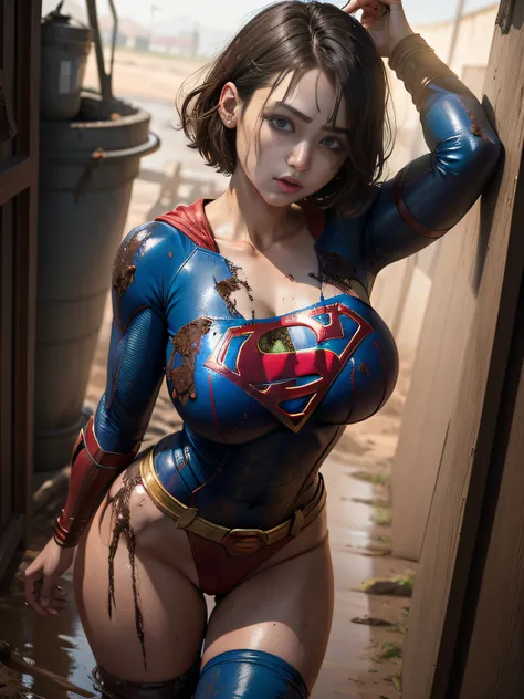 ​masterpiece、Short-haired Supergirl fell into the sewage、large full breasts、Looking at the camera、Glossy costume、Crotch、Mud stains、Covered in mud、wounded