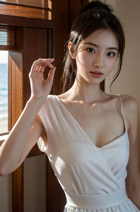 8K分辨率，hyper HD，Realistic skin texture，Realistic light and shadow，Real hair，Beautuful Women，Tall figure，holy，Pure，Royal sister，look straight at the camera，beachside，warmth，Homely atmosphere，Raised sexy，sensuality，intelligence，Gentle acceptance，Real eyes，The...