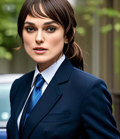 Keira Knightley in a white shirt and blue striped tie, wearing a shirt with a tie, girl in a suit, girl in suit, wearing headmistress uniform, strict uniform, shirt and tie, photo of a model, dramatic smirk pose, young business woman, well lit professional...