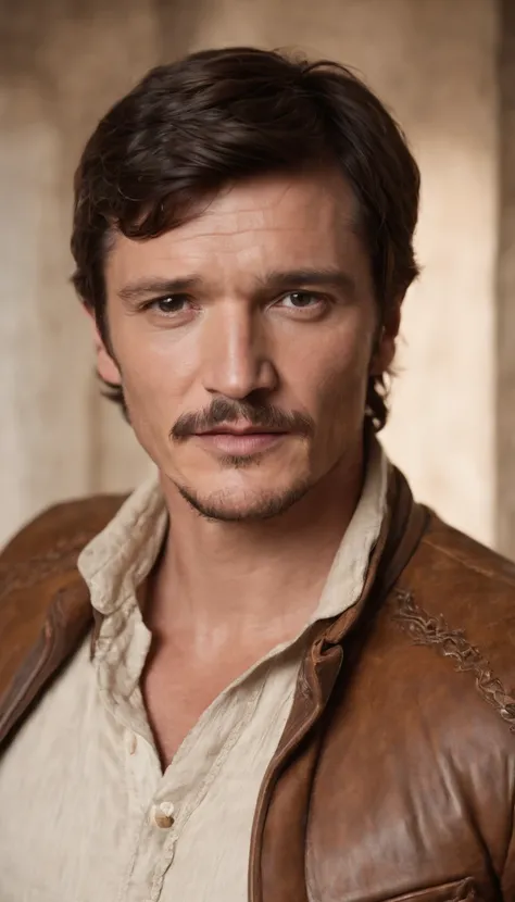 Actor Pedro pascal wearing a western style cowboy interior, white background, medium close up shot, style of ultrafine detail, high quality photo, 105 mm f/1.2, photorealistic