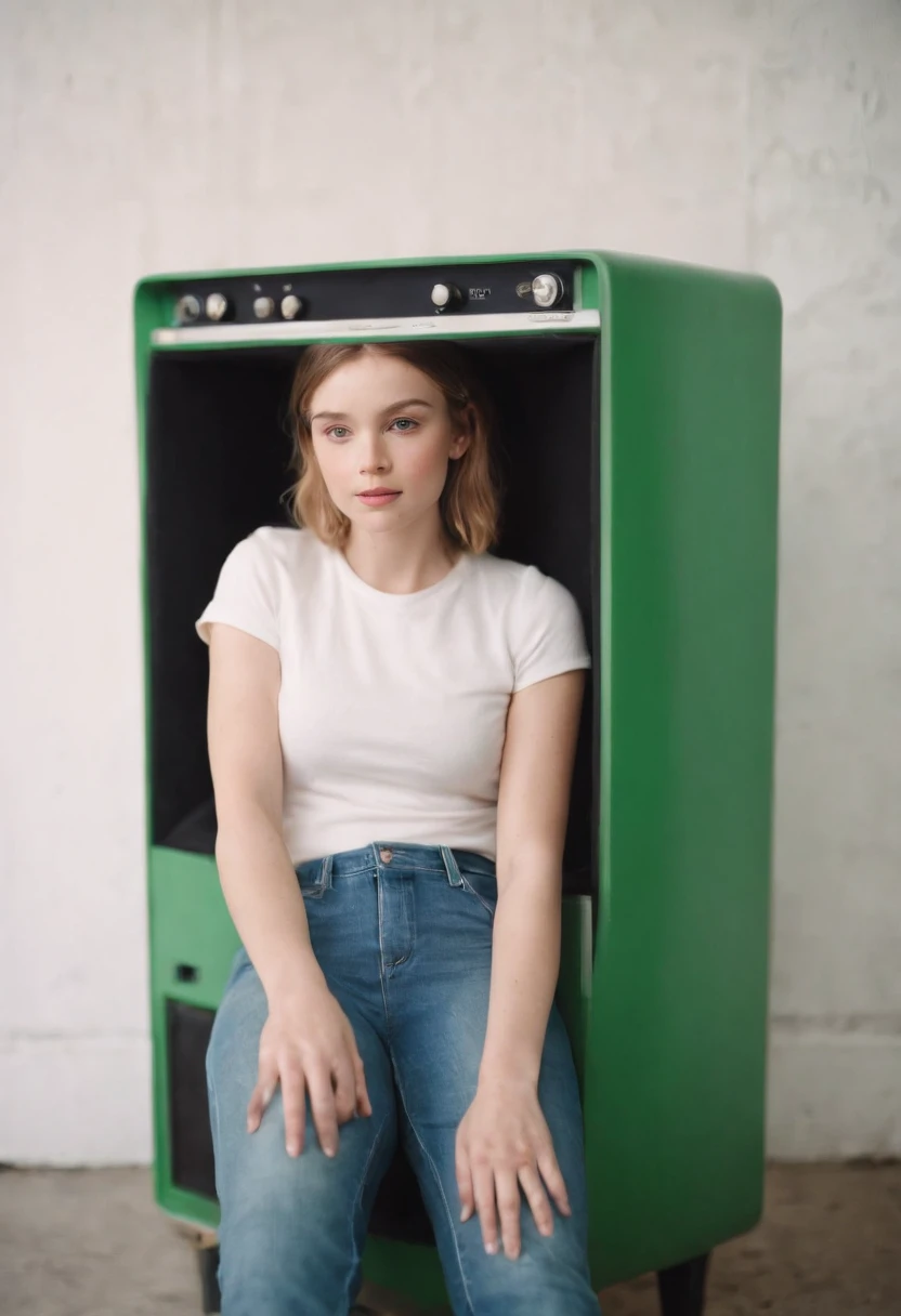 young girl in jeans sitting on a green television by maryann coady, in the style of sean scully, mary jane ansell, genderless, photo taken with fujifilm superia, bold curves, light white and white, industrial chic