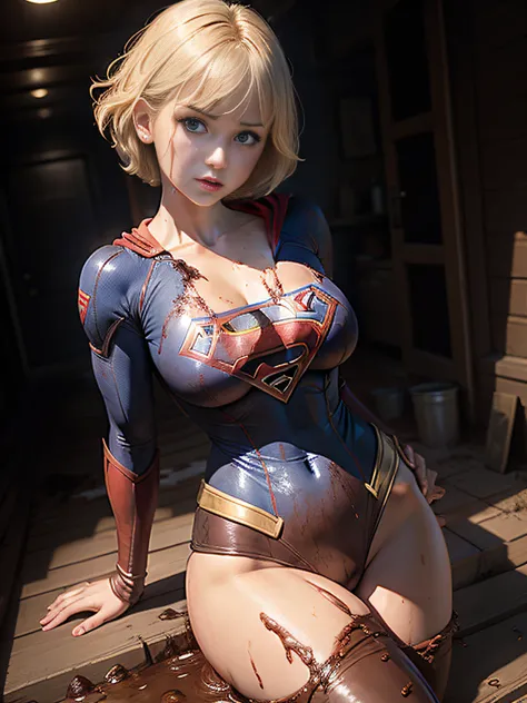 ​masterpiece、Short-haired Supergirl fell into a quagmire、large full breasts、Looking at the camera、Glossy costume、Crotch、Mud stains、Covered in mud、wounded