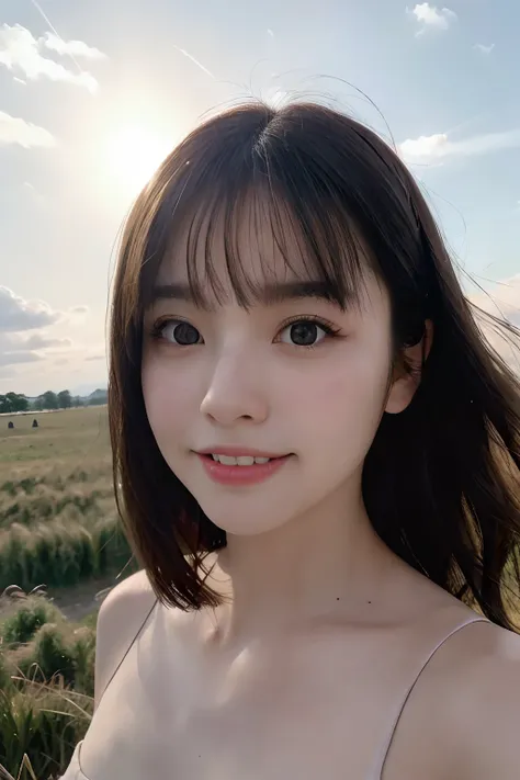 a closeup, ​masterpiece, top-quality, Raw foto, Photorealsitic、unbelievable Ridiculous, beautiful a girl, Bob Hair、large brests, fullnude、A slight smil、Hair fluttering in the wind、look up sky、The sun is dazzling, So I raise my hand and squint.、grass field、...