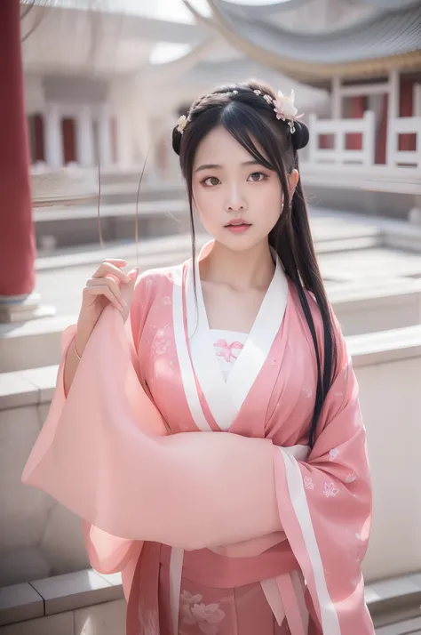 arafed asian woman in a pink dress and a white shawl, with acient chinese clothes, palace ， a girl in hanfu, white hanfu, wearing ancient chinese clothes, full body xianxia, heise-lian yan fang, traditional chinese clothing, chinese girl, xintong chen, yun...