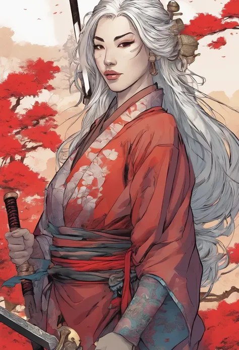 Il y a une femme japonaise tenant un katana, with white hair and red locks, avec des tatouage, Geisha , Samurai in a Post-Apocalyptic Universe