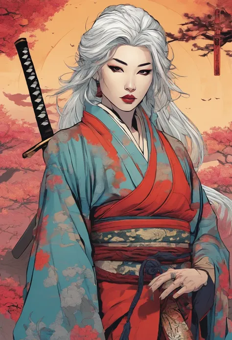 Il y a une femme japonaise tenant un katana, with white hair and red locks, avec des tatouage, Geisha , Samurai in a Post-Apocalyptic Universe