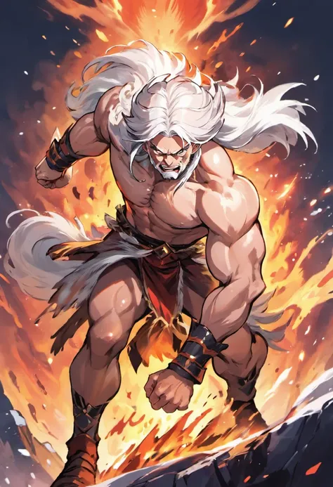 Man, muscular, long white hair, angry, his hand is a sword, high quality, masterpiece, war fur outfit, Persian warrior, nervous, surrounded by fire, snowing, sun, beautiful light refraction, powerful man, on top of the mountain, Very muscular body