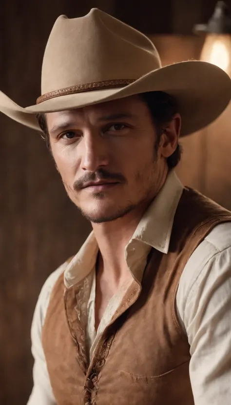 Make a photorealistic portrait of Pedro        pascal wearing a western style cowboy interior , white background, medium close up shot, style of ultrafine detail, high quality photo, 105 mm f/1.2, 24mm,4k textures, soft cinematic light, highly detailed, sh...