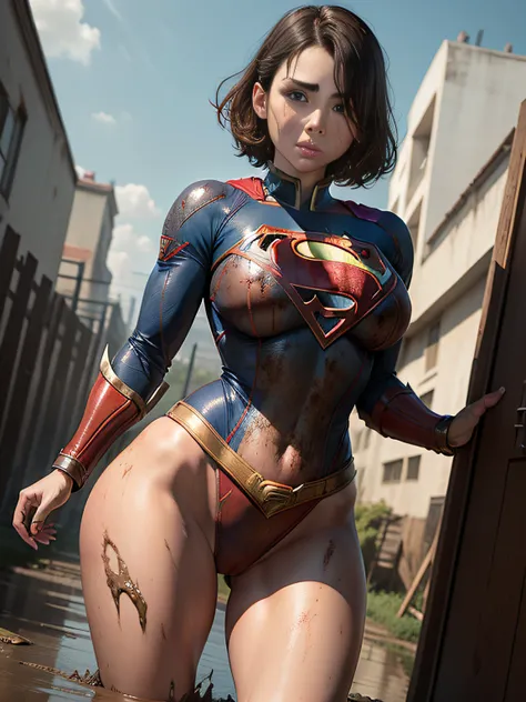 ​masterpiece、Short-haired Supergirl fell into the sewage、large full breasts、Looking at the camera、Glossy costume、Crotch、Mud stains、Covered in mud、wounded