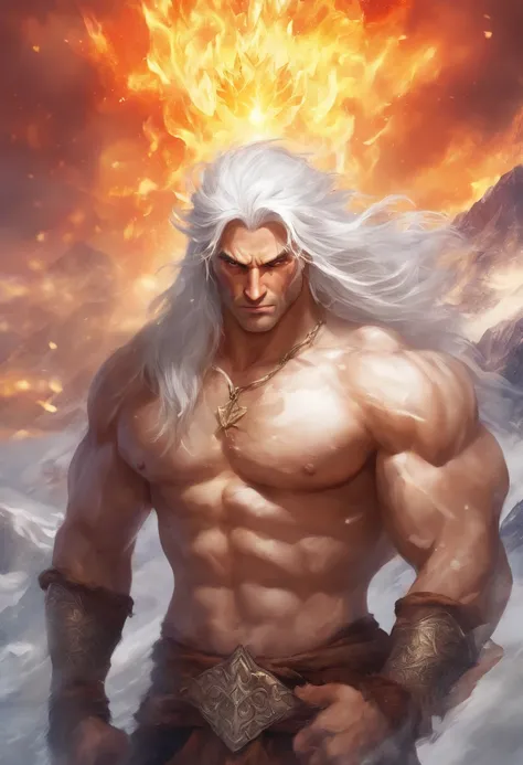 Man, muscular, long white hair, angry, his hand is a sword, high quality, masterpiece, war fur outfit, Persian warrior, nervous, surrounded by fire, snowing, sun, beautiful light refraction, powerful man, on top of the mountain, Very muscular body