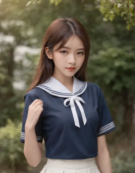 best quality, 1girl, long hair, beautiful eyes, ((japanese school shirt)), a sailor suit、Dark blue pleated skirt,sailor collar, neckerchief, short sleeves, white skirt, close-up, standing, outdoors, medium shot, high quality photo，Japanese ido