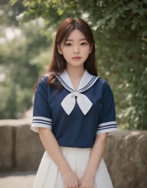 best quality, 1girl, long hair, beautiful eyes, ((japanese school shirt)), a sailor suit、Dark blue pleated skirt,sailor collar, neckerchief, short sleeves, white skirt, close-up, standing, outdoors, medium shot, high quality photo，Japanese ido