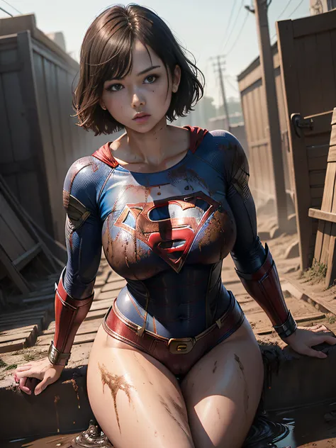 ​masterpiece、Short-haired Supergirl fell into a quagmire、large full breasts、Looking at the camera、Glossy costume、Crotch、Mud stains、Covered in mud、wounded