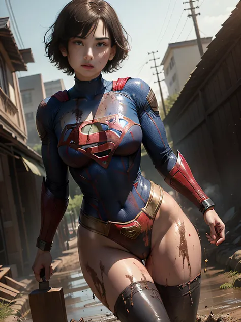 ​masterpiece、Short-haired Supergirl fell into a quagmire、large full breasts、Looking at the camera、Glossy costume、Crotch、Mud stains、Covered in mud、wounded