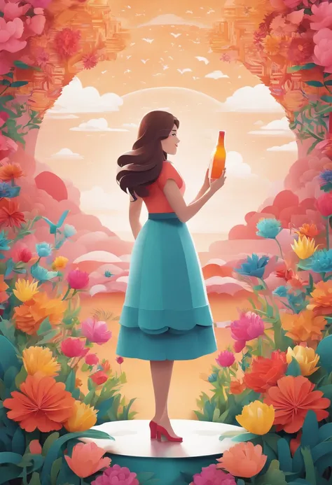 Girl standing with radiant smile, Holding a bottle of magic paint in hand. Surrounded by magical and colorful environments, With colorful flowers, Brilliant wood々and a sky full of rainbows. 4K resolution