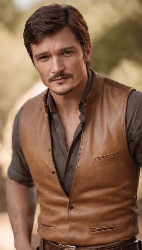 Make a photorealistic portrait of Pedro        pascal wearing a western style cowboy interior , white background, medium close up shot, style of ultrafine detail, high quality photo, 105 mm f/1.2, 24mm,4k textures, soft cinematic light, highly detailed, sh...