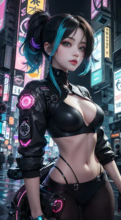 master part, best quality, 1 Garota cyberpunk, tiro de corpo inteiro, standing in front of the motorcycle, Olhando para o Viewer, Confident cyberpunk girl with cheeky expression, Roupa pop inspirada em Harajuku, bold colors and patterns, Attractive accesso...