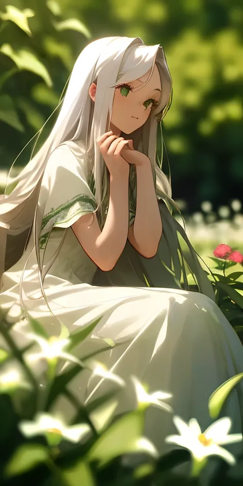 (masterpiece, best quality),1girl with long white hair sitting in a field of green plants and flowers, her hand under her chin, warm lighting, white dress, blurry foreground