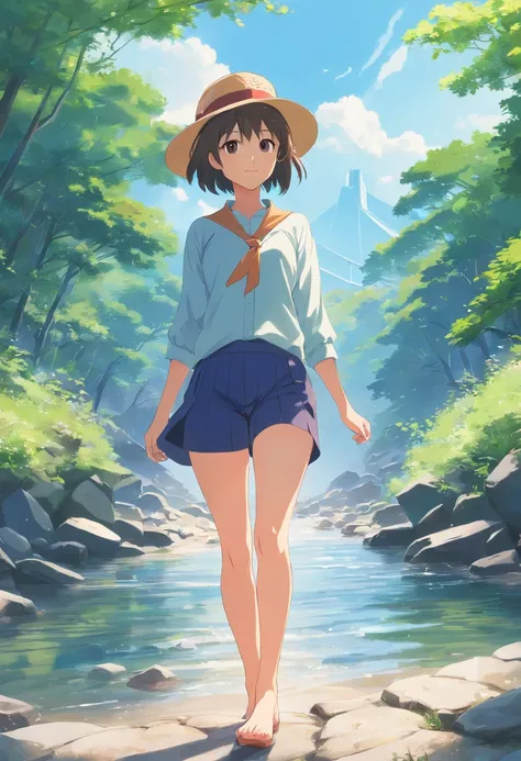 Cute girl in Japan，The clothes ar，(((wearing hat:1.5))),great outdoors, En plein air, Beautiful white feet and legs. River fantasy，444 Hz, Beautiful, Breathtaking, Highly detailed, 8K, Use, Affectionate, Ultra photo realsisim, scenery,(((short detailed hai...