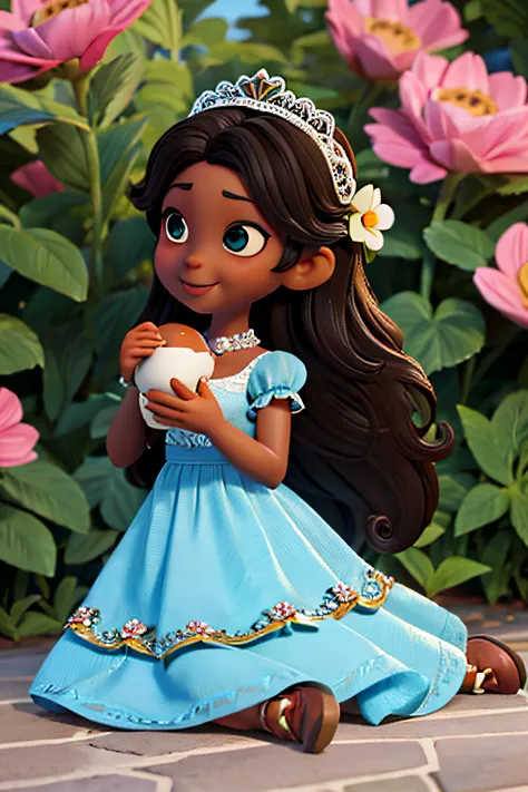 chibi 1 African children dark brown skin:3, cute smile, sitting ((full body))) "various emotions" realistic shadows, sparkling eyes, detailed skin, slightly shiny greenish brown eyes, pose for photo, long curly black hair, flowers in hair, rapunzel style, ...