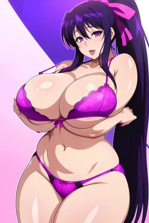 Akeno Himejima, 1girl, (((bimbo))), purple hair, purple eyes, ear rings, (((bimbo))), puffy lips, painted lips, thick lips, pleasure face, tongue out, wide hips, thick thighs, huge round ass, huge natural Hitomi Tanaka breasts, white panties, undressing br...