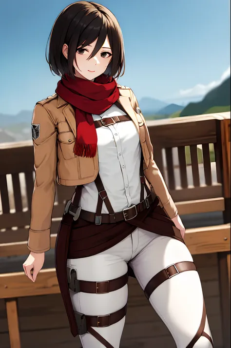 masterpiece, best quality, highres, hmmikasa, short hair, black eyes, scarf, emblem, belt, thigh strap, red scarf, white pants, brown jacket, long sleeves, cowboy shot, standing, thighs thicc