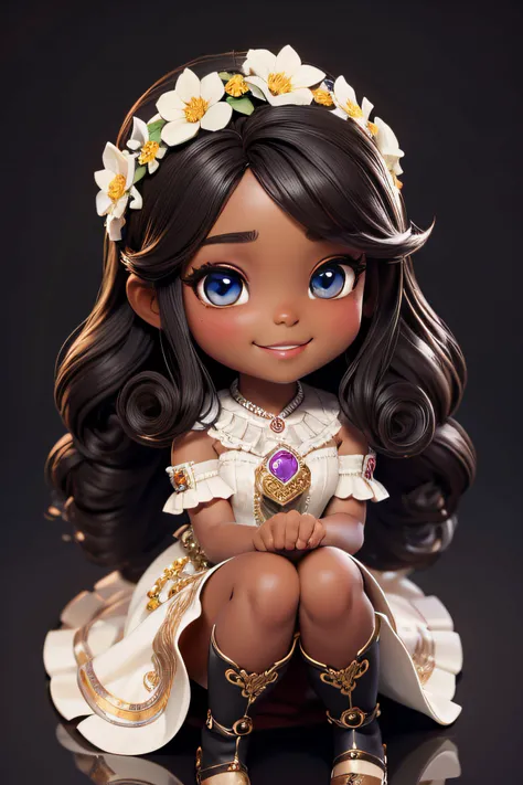 chibi 1 African children dark brown skin:3, cute smile, sitting ((full body))) "Holding a heart" realistic shadows, sparkling eyes, detailed skin, slightly shiny greenish brown eyes, pose for photo, long curly black hair, flowers in hair, rapunzel style, v...