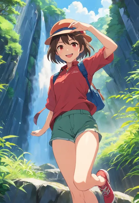 Cute girl in Japan，Big smile，Red clothes，(((wearing hat:1.5))),great outdoors, En plein air, Beautiful white feet and legs. rios，Waterfall fantasy，444 Hz, Beautiful, Breathtaking, Highly detailed, 8K, Use, Affectionate, Ultra photo realsisim, scenery,(((sh...