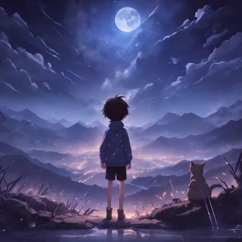 deep in the night，A boy makes a wish to the stars，Accompanied by animals，The bright moonlight shines on the mountains，An endless sense of nothingness is presented，The moonlight in the sky is also slowly fading