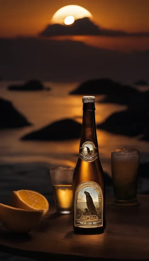 A bottle of beer on the table，In the background is a round of a large moon, perfect crisp moonlight, beer commercial, natta, The vista is a mountain or a sea surface，calm seas，the moon reflects in the water，Record covers，The main color is cool，The ambient ...