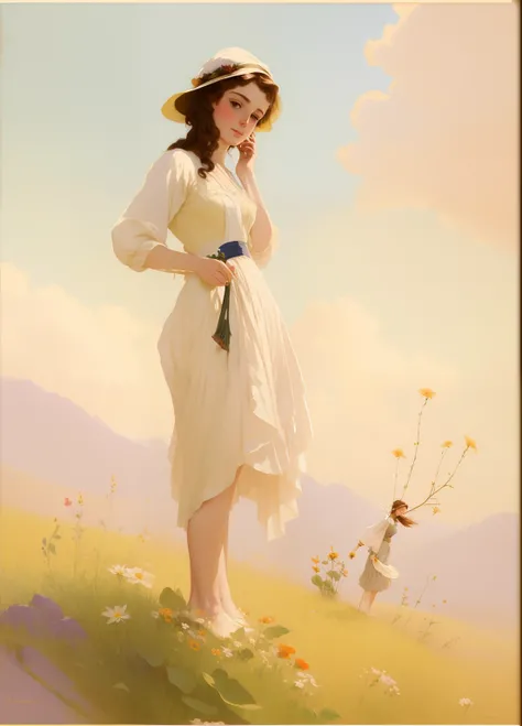 painting of a woman standing on a hill with a flower in her hand, art of edouard bisson, krenzcushart, wlop jeremy lipkin, inspired by Pierre Auguste Cot, wlop painting style, moebius + loish + wlop, by Aleksander Gine, by Mark Arian, inspired by Cynthia S...