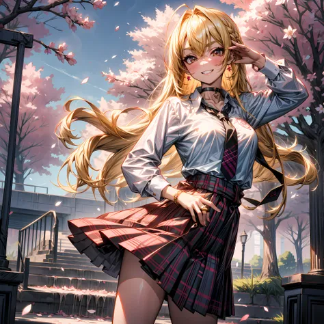 8K, highres, masterpiece, best quality, 
salute, hand on hip, 
full body, momosuzu nene , 1girl, 
bangs, blonde hair,blush,
black choker, black necktie,  (rose on hairpin), blue skirt,  bracelet, choker, clothes around waist, collarbone, collared shirt,  d...