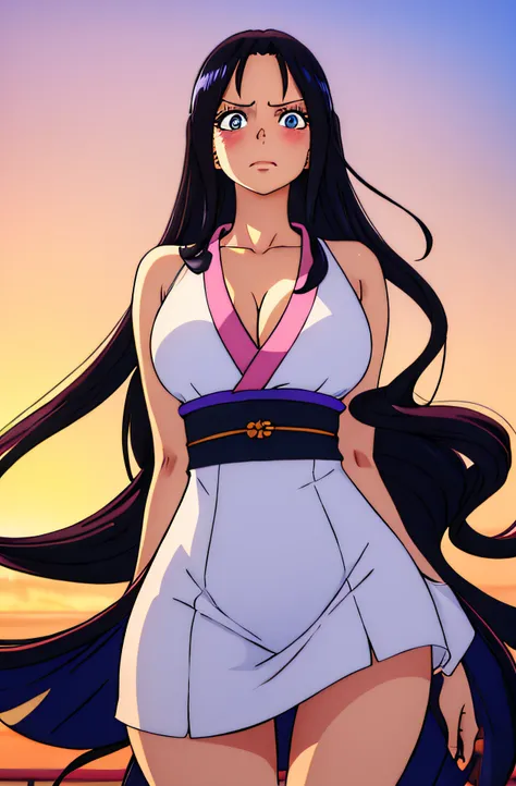 anime character, 1girl, wanostyle, inspired by Eiichiro Oda, eiichiro oda style, Jet black hair, long hair, wavy hair, blue, good composition, anime screencap, looking at viewer, sharp focus, colorful, amazing body, ((masterpiece)), (best quality), (extrem...